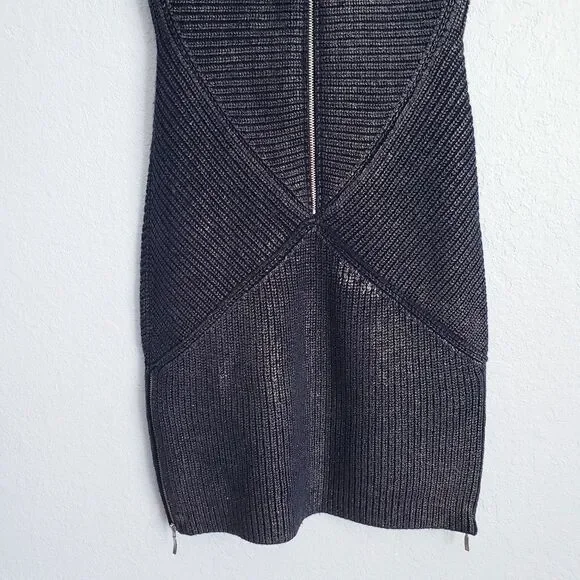 Mara Huffman Black Metallic Knit Ribbed Bodycon Dress with‎ Zipper Details